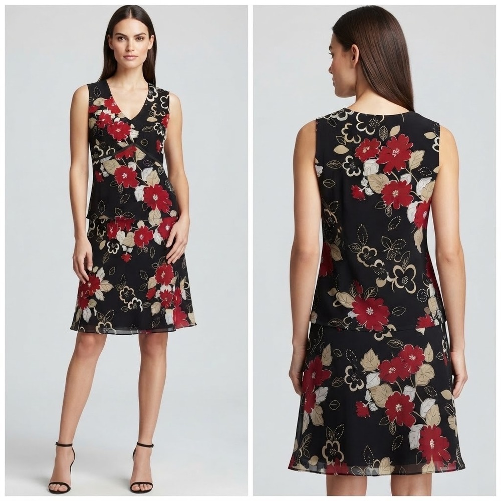Ann Taylor Petites 100% Silk 2 Piece Skirt Set Floral Black Red V-Neck Size 6P